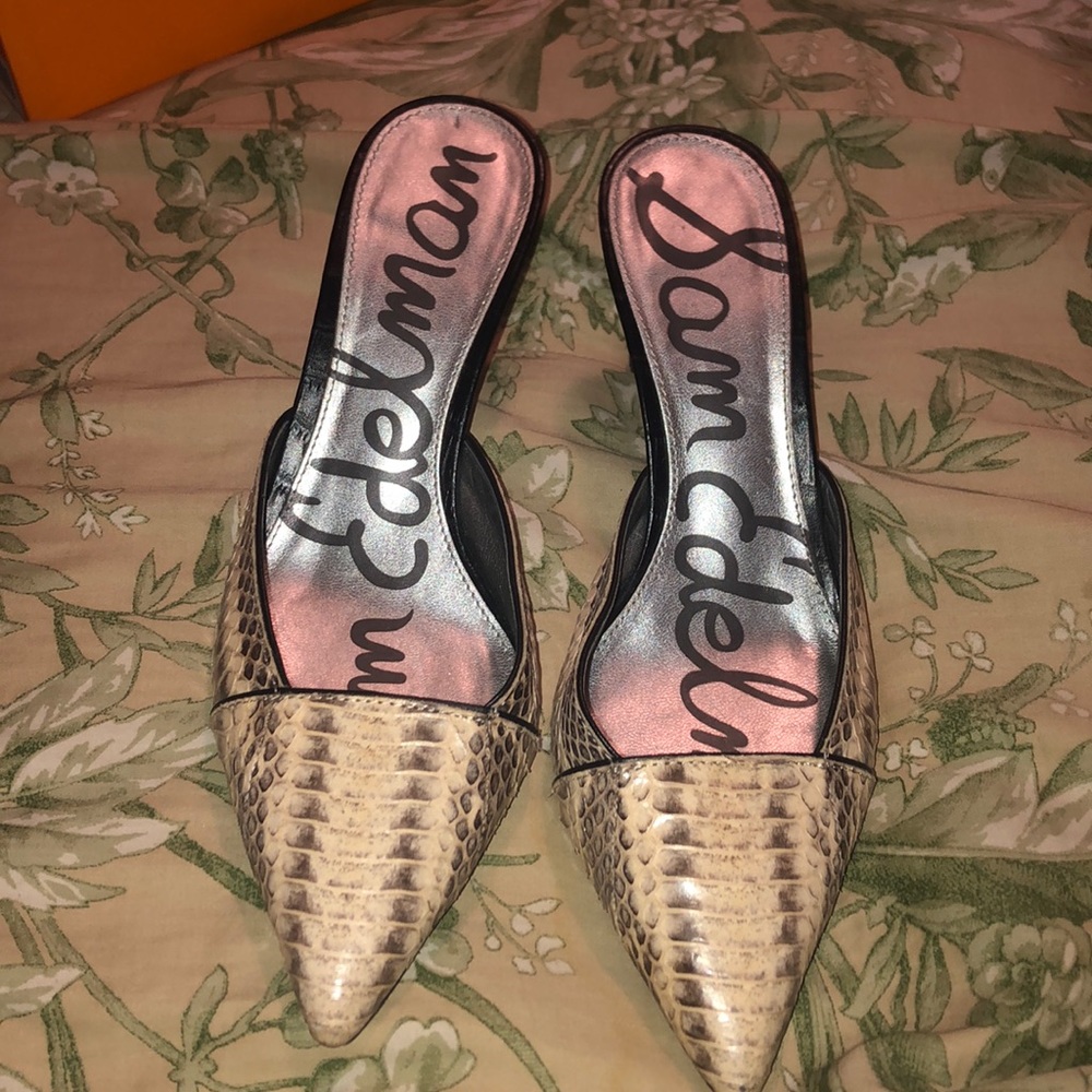 Sam Edelman heeled snake skin mules